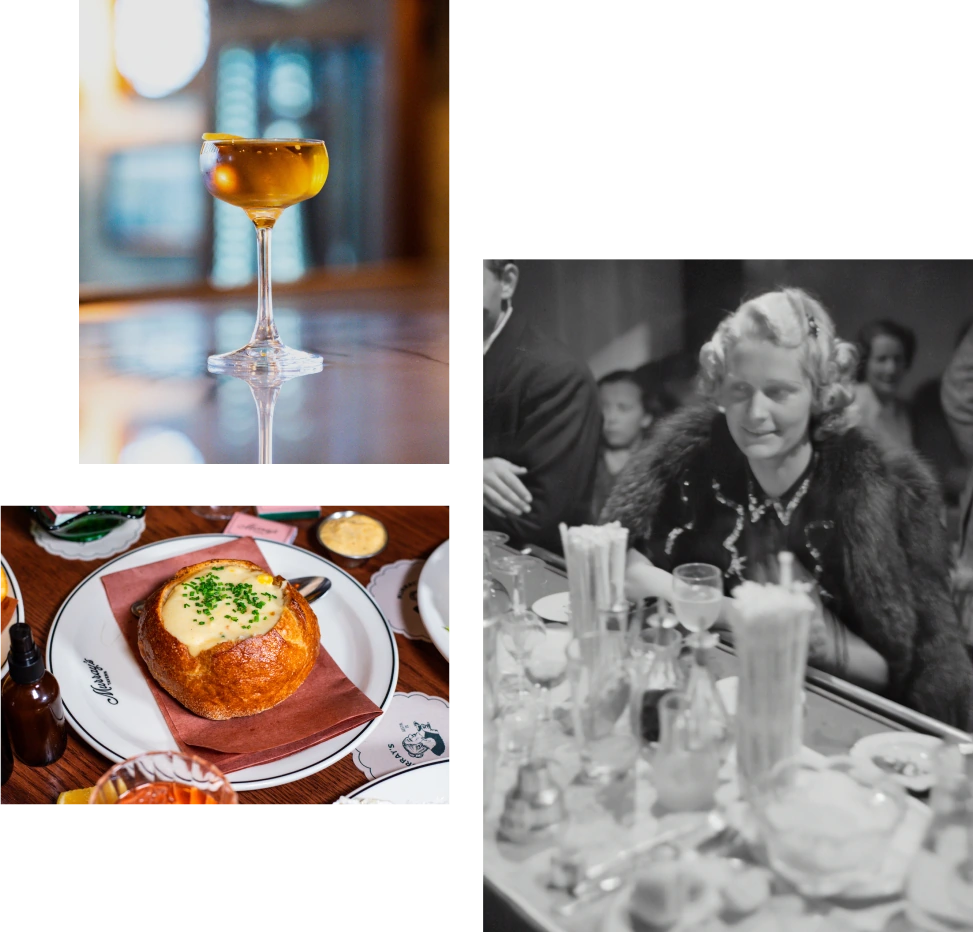 Collage of photos featuring Grandma Murray, a cocktail, and a bread bowl.